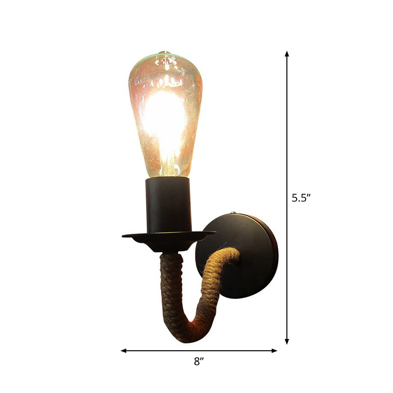 Sikunuo | Rope wrapping Arm Wall lamp Rustic 1 head Bathroom wall-mounted lamp with Open bulb design in Black