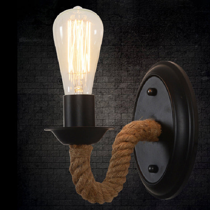 Sikunuo | Black 1 Bulb Wall Lamp Fixture Lodge Metal Oval/Round Back Plate Wall Light with Curved Rope Arm