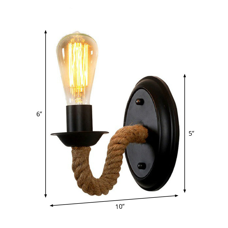 Sikunuo | Black 1 Bulb Wall Lamp Fixture Lodge Metal Oval/Round Back Plate Wall Light with Curved Rope Arm
