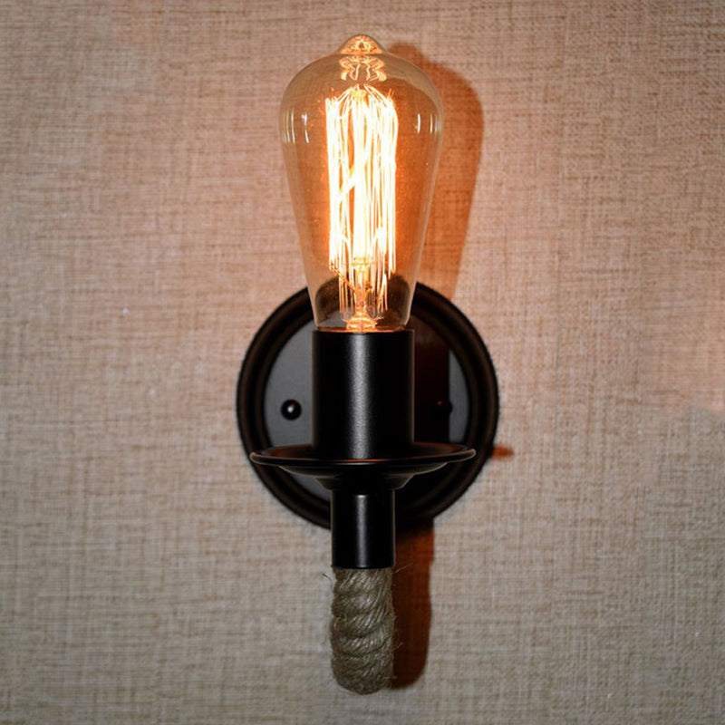 Sikunuo | Black 1 Bulb Wall Lamp Fixture Lodge Metal Oval/Round Back Plate Wall Light with Curved Rope Arm