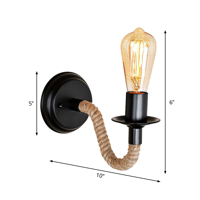 Sikunuo | Black 1 Bulb Wall Lamp Fixture Lodge Metal Oval/Round Back Plate Wall Light with Curved Rope Arm