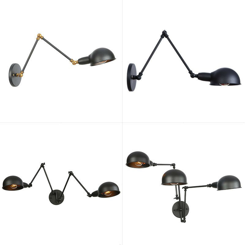 Sikunuo | Industrial Dome-Shaped Wall Lamp Kit Single Bulb Iron Wall Mount Lighting Fixture with Swing Arm in Black, 6"+6"/12"+6" W