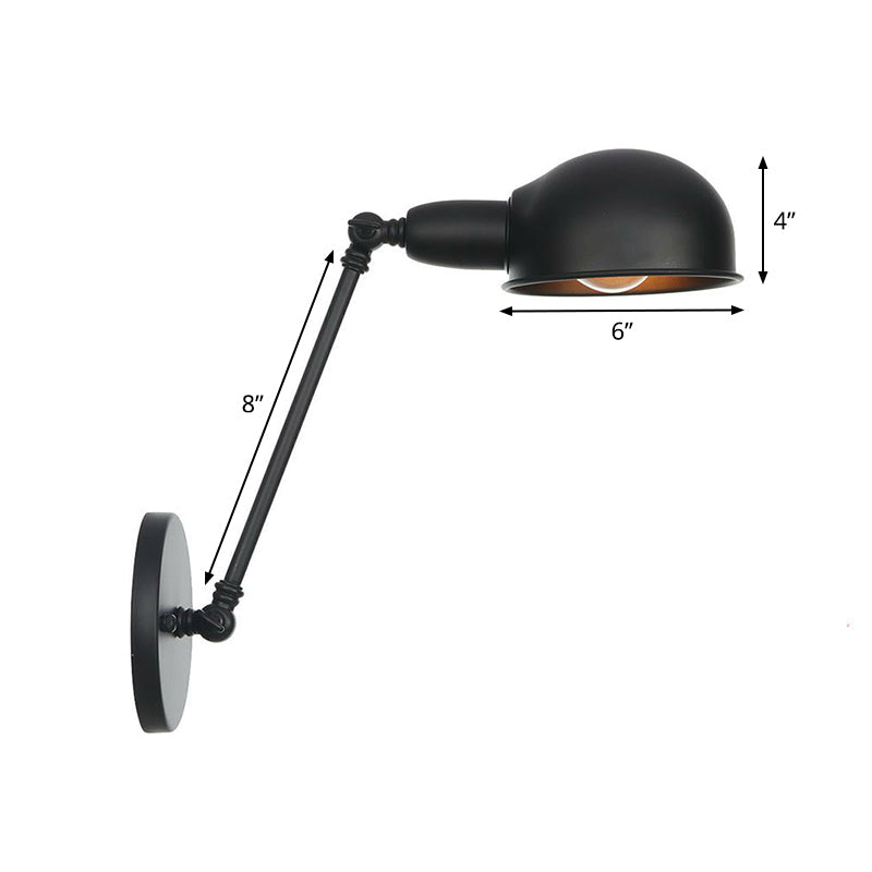 Sikunuo | Industrial Dome-Shaped Wall Lamp Kit Single Bulb Iron Wall Mount Lighting Fixture with Swing Arm in Black, 6"+6"/12"+6" W