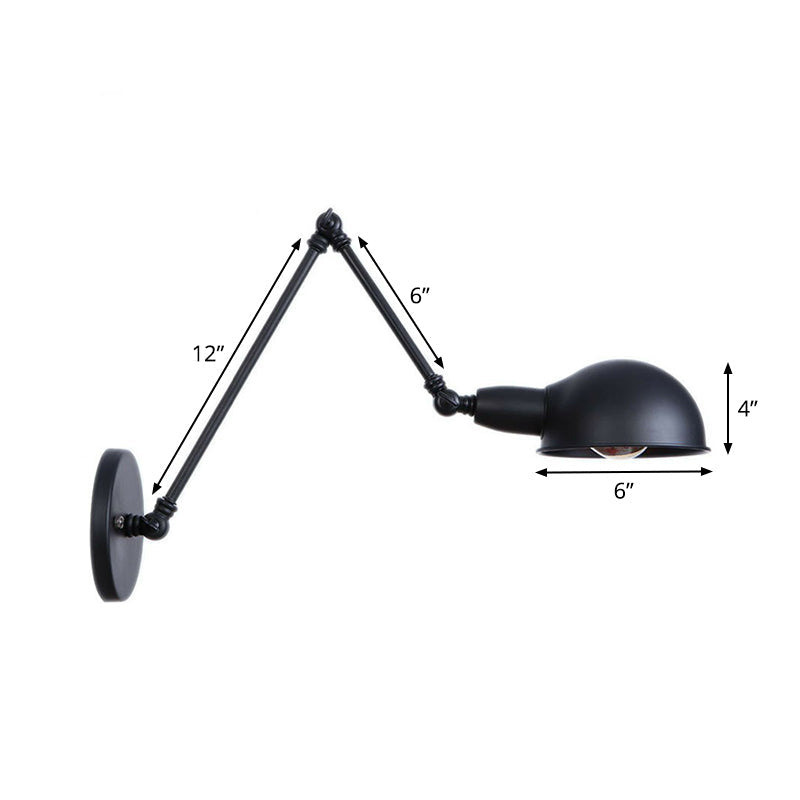 Sikunuo | Industrial Dome-Shaped Wall Lamp Kit Single Bulb Iron Wall Mount Lighting Fixture with Swing Arm in Black, 6"+6"/12"+6" W