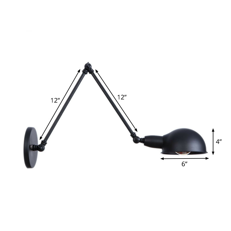 Sikunuo | Industrial Dome-Shaped Wall Lamp Kit Single Bulb Iron Wall Mount Lighting Fixture with Swing Arm in Black, 6"+6"/12"+6" W
