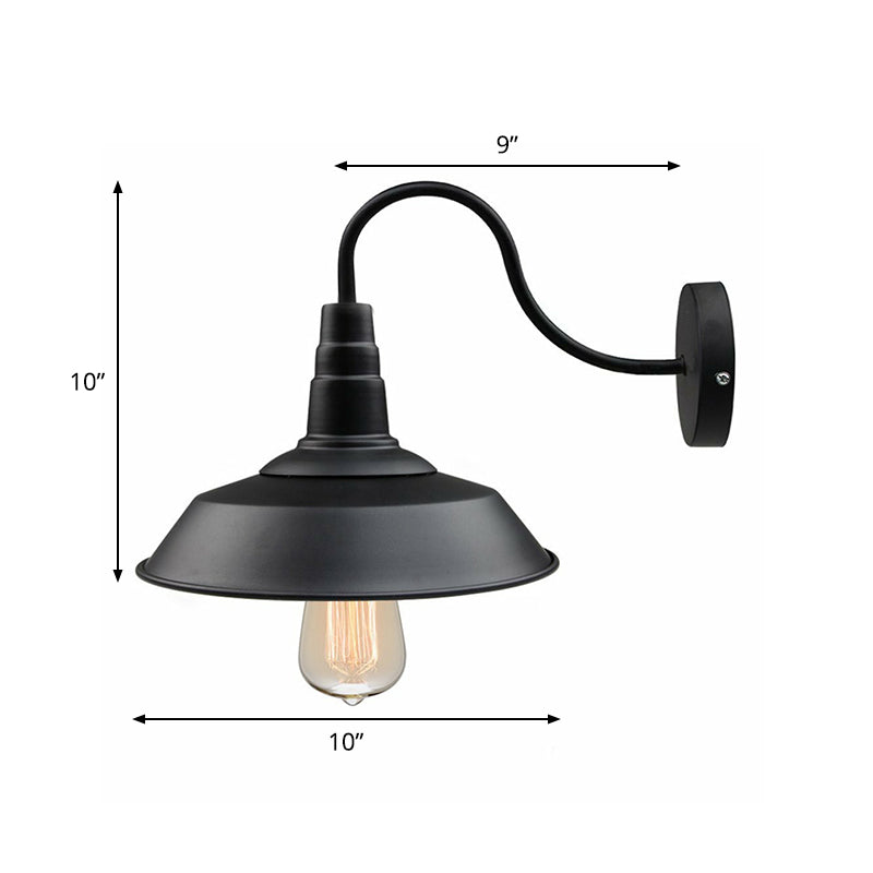 Sikunuo | Metallic black wall lamp socket barn shade 1 head rustic wall-mounted lamp with goose neck arm