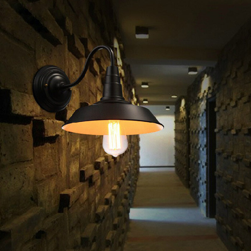 Sikunuo | Vintage Barn Wall Lighting 10"/14" Wide 1-Light Metal Gooseneck Wall Mount Lighting in Black