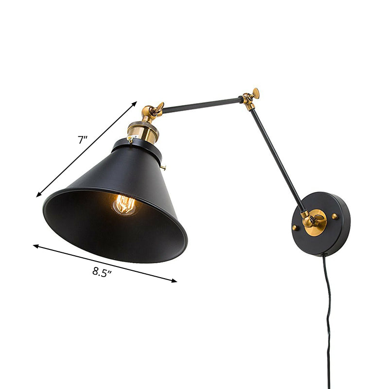 Sikunuo | Iron Black Finish Reading Wall Lamp Roll-Edge Conical Single Industrial Plug/Plug-less Wall Lighting with Swingarm