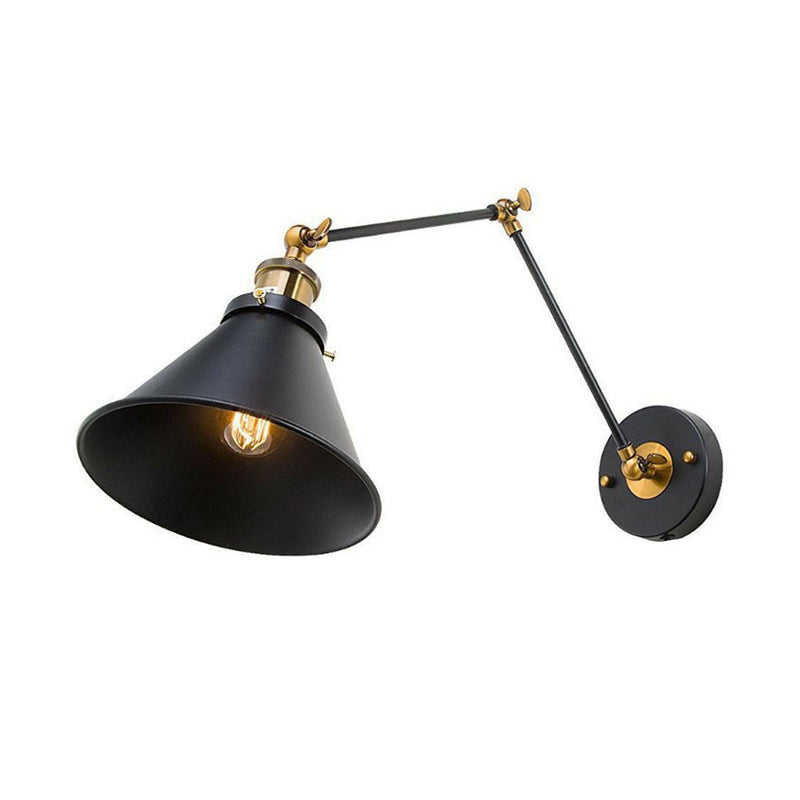 Sikunuo | Iron Black Finish Reading Wall Lamp Roll-Edge Conical Single Industrial Plug/Plug-less Wall Lighting with Swingarm