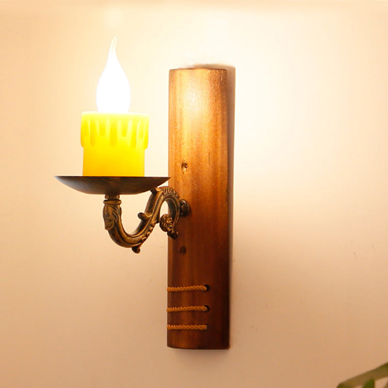 Sikunuo | Brown rectangular wall light Cottage Bamboo 1 bulb living room wall light with flameless candle