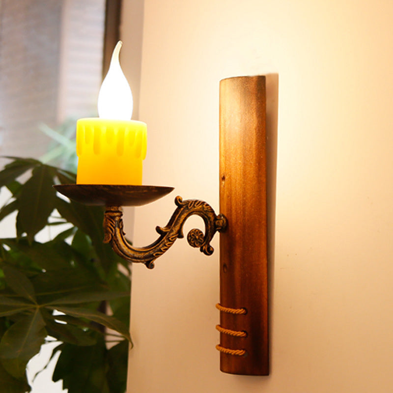Sikunuo | Brown rectangular wall light Cottage Bamboo 1 bulb living room wall light with flameless candle
