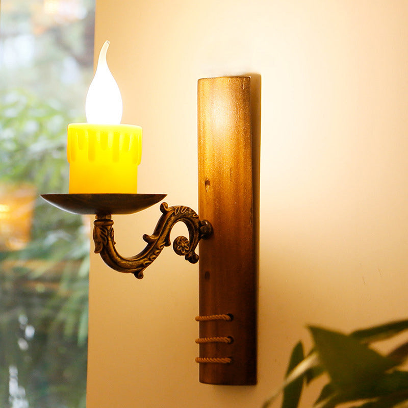 Sikunuo | Brown rectangular wall light Cottage Bamboo 1 bulb living room wall light with flameless candle
