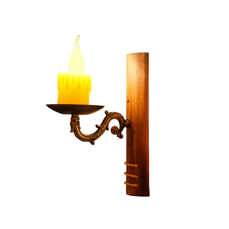 Sikunuo | Brown rectangular wall light Cottage Bamboo 1 bulb living room wall light with flameless candle