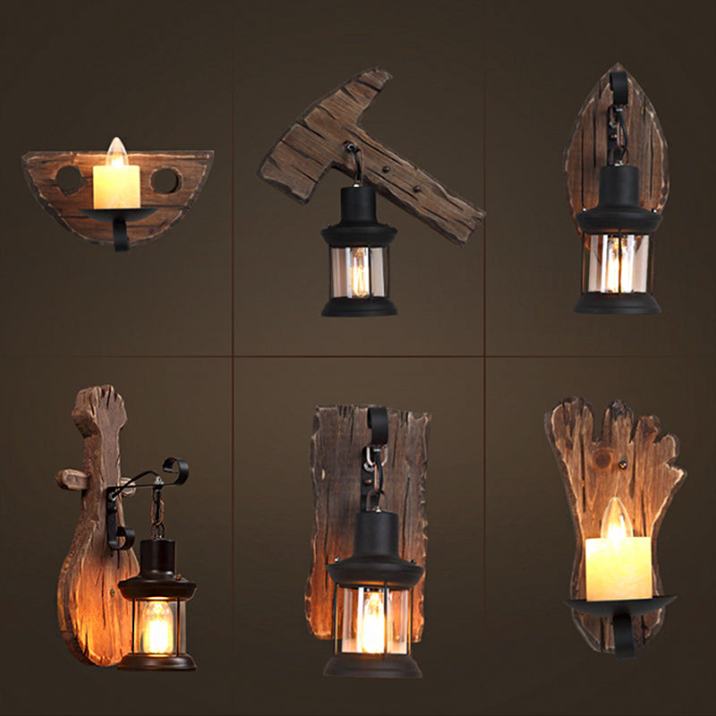 Sikunuo | 1-Light Lantern Wall Light Kit Landscape Brown Clear Glass Wall Pendant Lamp with Rectangular/Semi-Circular Wood Backplate