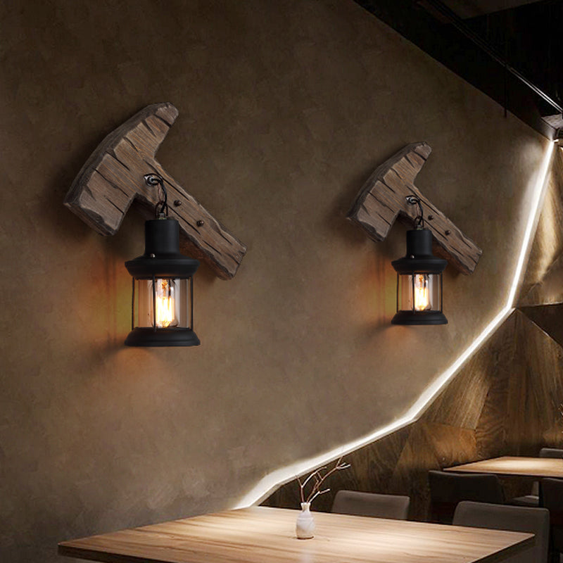 Sikunuo | 1-Light Lantern Wall Light Kit Landscape Brown Clear Glass Wall Pendant Lamp with Rectangular/Semi-Circular Wood Backplate