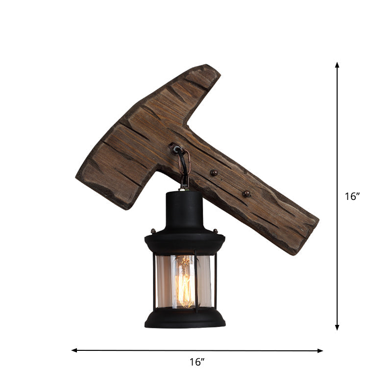 Sikunuo | 1-Light Lantern Wall Light Kit Landscape Brown Clear Glass Wall Pendant Lamp with Rectangular/Semi-Circular Wood Backplate