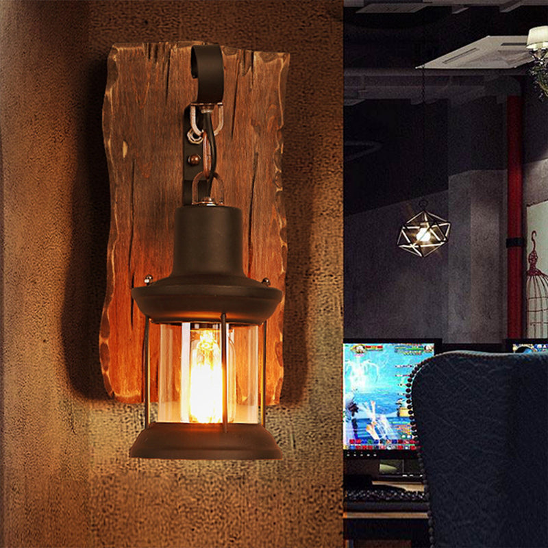 Sikunuo | 1-Light Lantern Wall Light Kit Landscape Brown Clear Glass Wall Pendant Lamp with Rectangular/Semi-Circular Wood Backplate