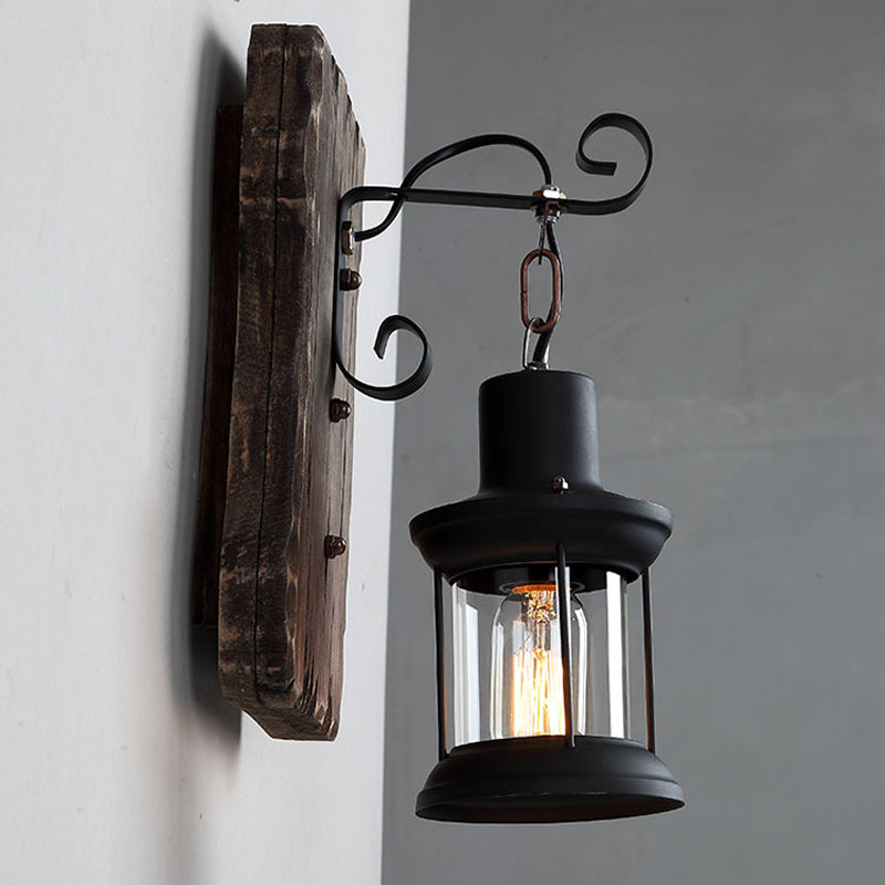 Sikunuo | 1-Light Lantern Wall Light Kit Landscape Brown Clear Glass Wall Pendant Lamp with Rectangular/Semi-Circular Wood Backplate