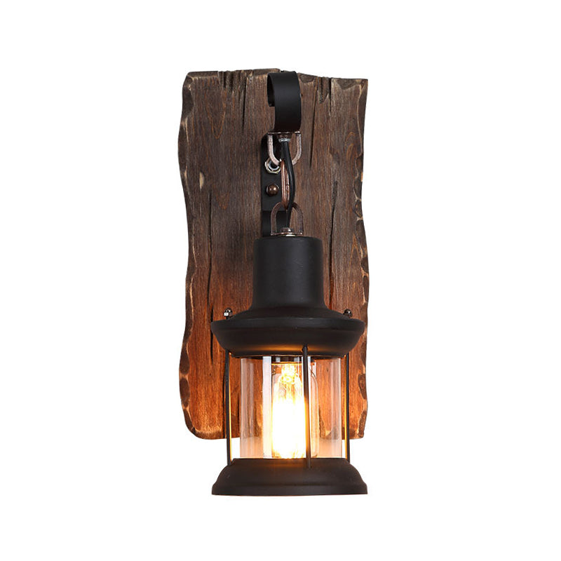Sikunuo | 1-Light Lantern Wall Light Kit Landscape Brown Clear Glass Wall Pendant Lamp with Rectangular/Semi-Circular Wood Backplate
