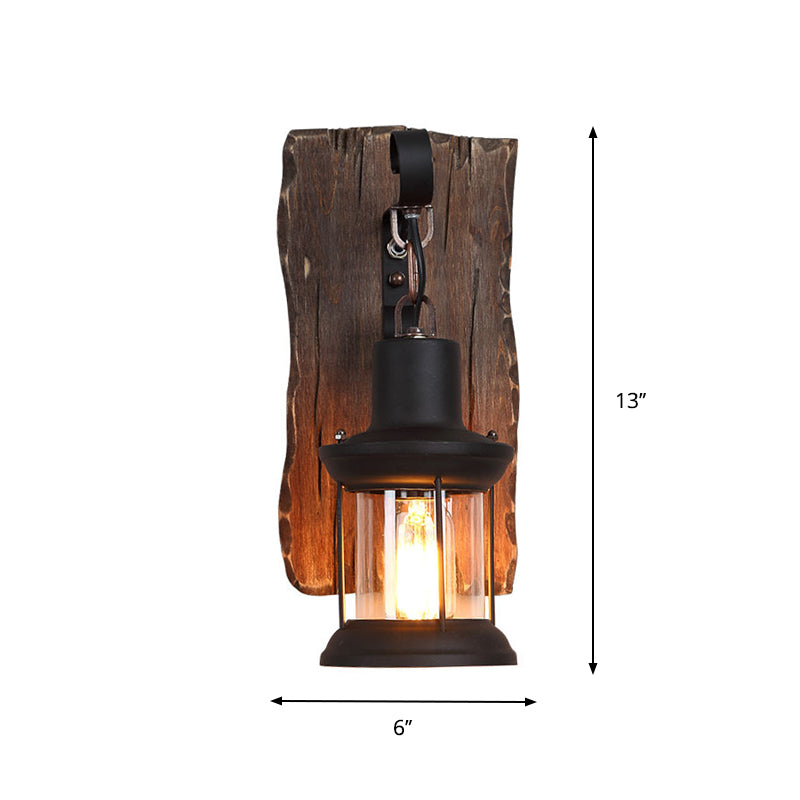 Sikunuo | 1-Light Lantern Wall Light Kit Landscape Brown Clear Glass Wall Pendant Lamp with Rectangular/Semi-Circular Wood Backplate