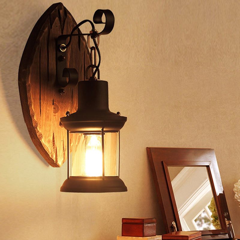 Sikunuo | 1-Light Lantern Wall Light Kit Landscape Brown Clear Glass Wall Pendant Lamp with Rectangular/Semi-Circular Wood Backplate