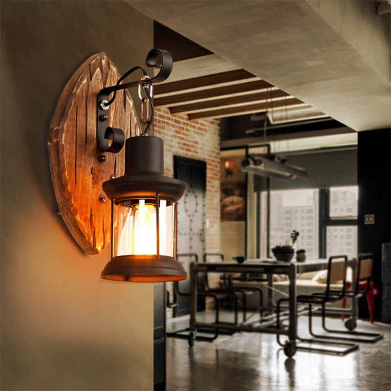 Sikunuo | 1-Light Lantern Wall Light Kit Landscape Brown Clear Glass Wall Pendant Lamp with Rectangular/Semi-Circular Wood Backplate