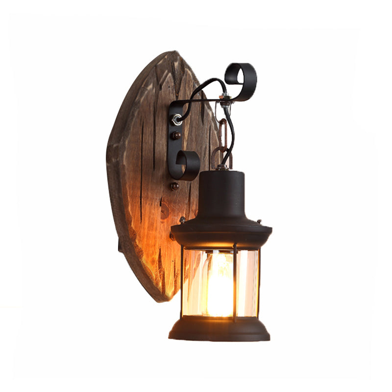 Sikunuo | 1-Light Lantern Wall Light Kit Landscape Brown Clear Glass Wall Pendant Lamp with Rectangular/Semi-Circular Wood Backplate