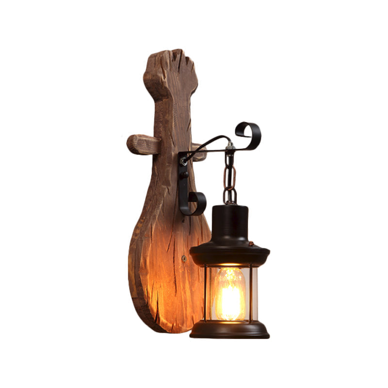 Sikunuo | 1-Light Lantern Wall Light Kit Landscape Brown Clear Glass Wall Pendant Lamp with Rectangular/Semi-Circular Wood Backplate
