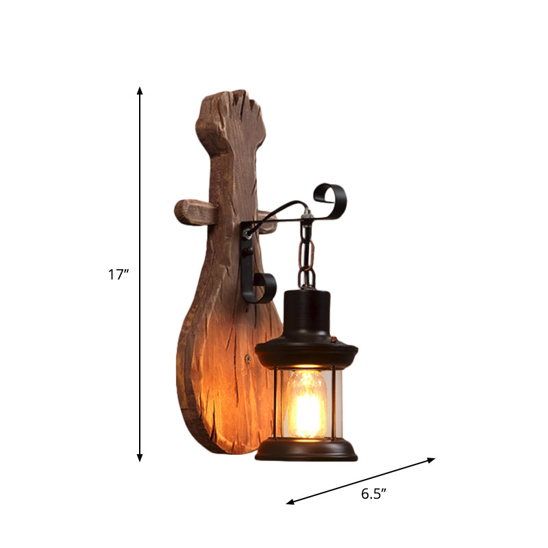 Sikunuo | 1-Light Lantern Wall Light Kit Landscape Brown Clear Glass Wall Pendant Lamp with Rectangular/Semi-Circular Wood Backplate