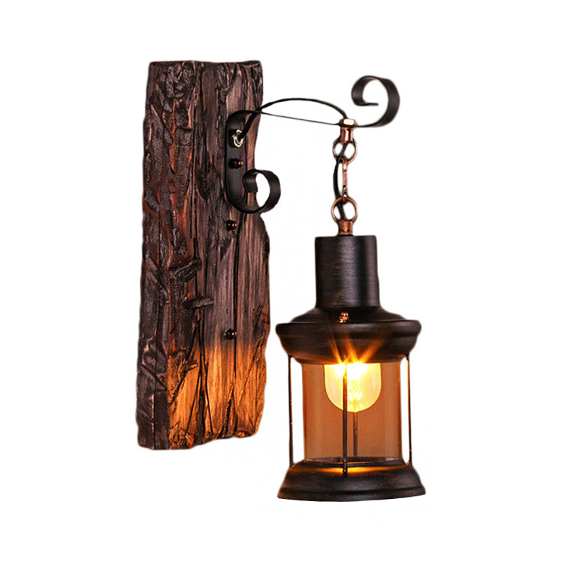 Sikunuo | Brown Lantern Wall Hanging Lamp Nautical Wood Single Bulb Bistro Wall Mounted Lighting Fixture