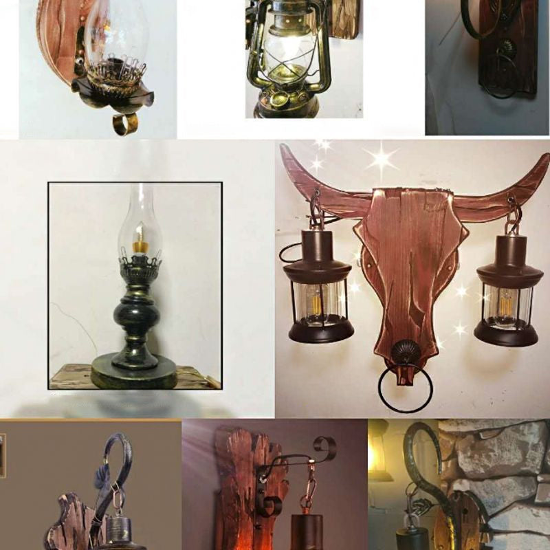 Sikunuo | 1/2-Light Clear Glass Wall Lamp Rustic Brown Lantern/Kerosene Kitchen Wall Mount Light with Ox/Oval Wooden Backplate