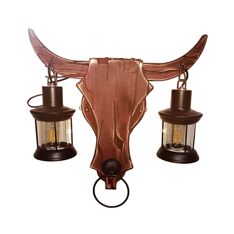 Sikunuo | 1/2-Light Clear Glass Wall Lamp Rustic Brown Lantern/Kerosene Kitchen Wall Mount Light with Ox/Oval Wooden Backplate