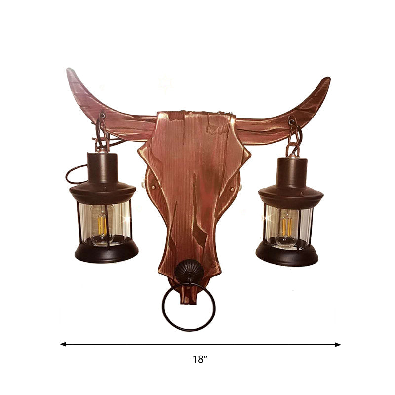 Sikunuo | 1/2-Light Clear Glass Wall Lamp Rustic Brown Lantern/Kerosene Kitchen Wall Mount Light with Ox/Oval Wooden Backplate