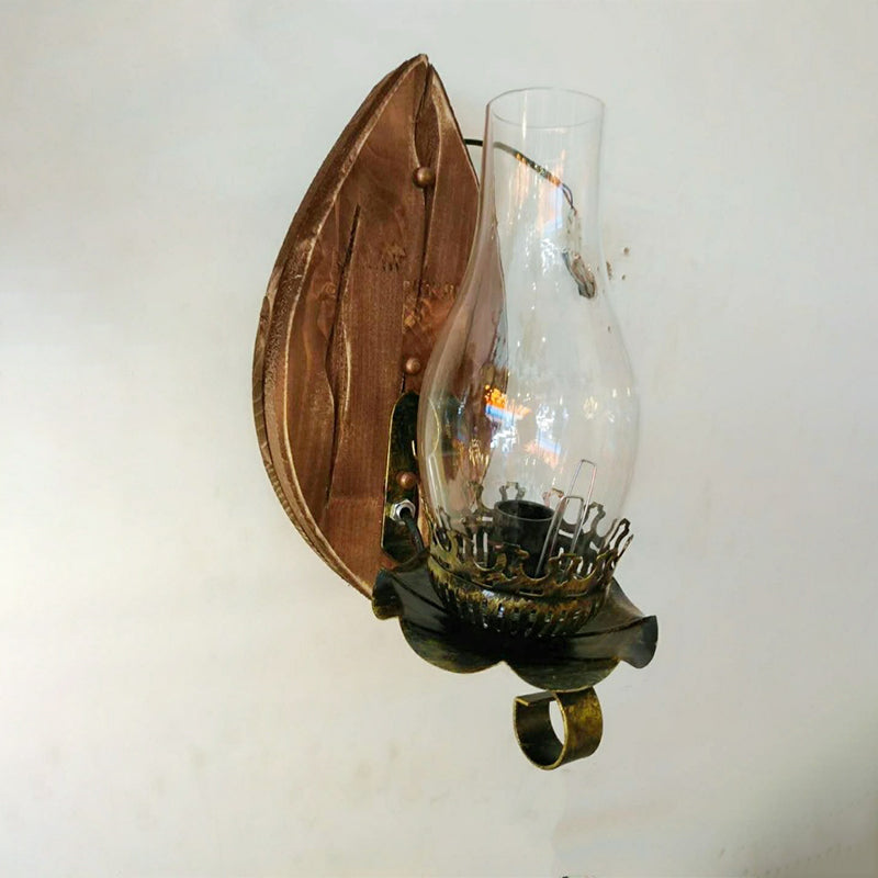 Sikunuo | 1/2-Light Clear Glass Wall Lamp Rustic Brown Lantern/Kerosene Kitchen Wall Mount Light with Ox/Oval Wooden Backplate