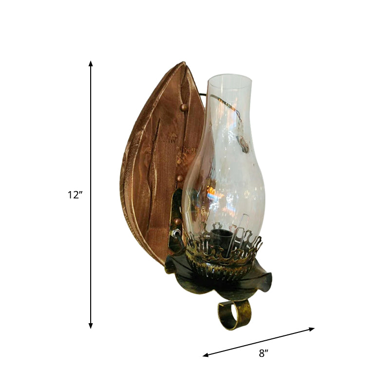 Sikunuo | 1/2-Light Clear Glass Wall Lamp Rustic Brown Lantern/Kerosene Kitchen Wall Mount Light with Ox/Oval Wooden Backplate