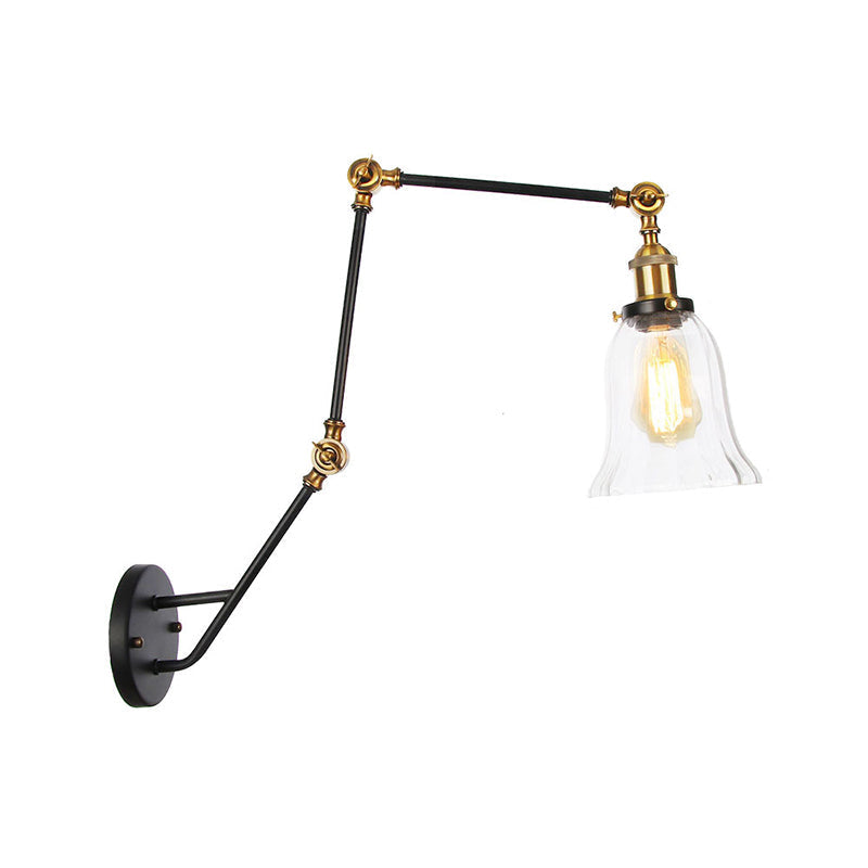 Sikunuo | Adjustable 3-Joint Arm Iron Wall Lamp Industry 1 Head Bedroom Wall Reading Light with Globe/Saucer Clear Glass Shade