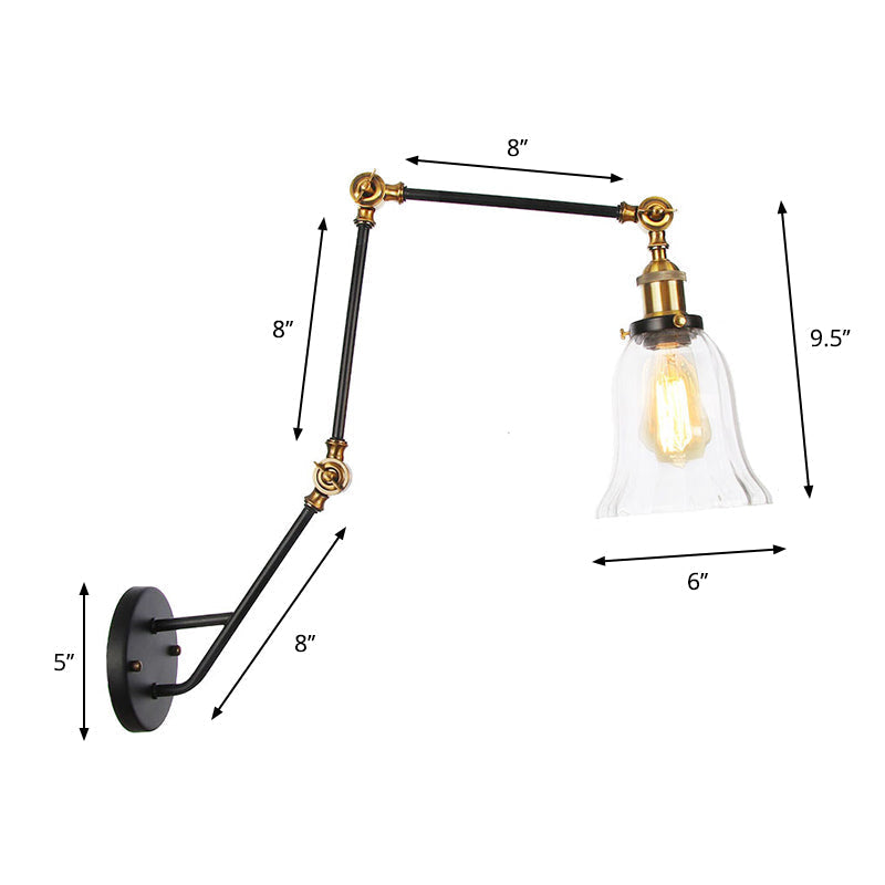 Sikunuo | Adjustable 3-Joint Arm Iron Wall Lamp Industry 1 Head Bedroom Wall Reading Light with Globe/Saucer Clear Glass Shade
