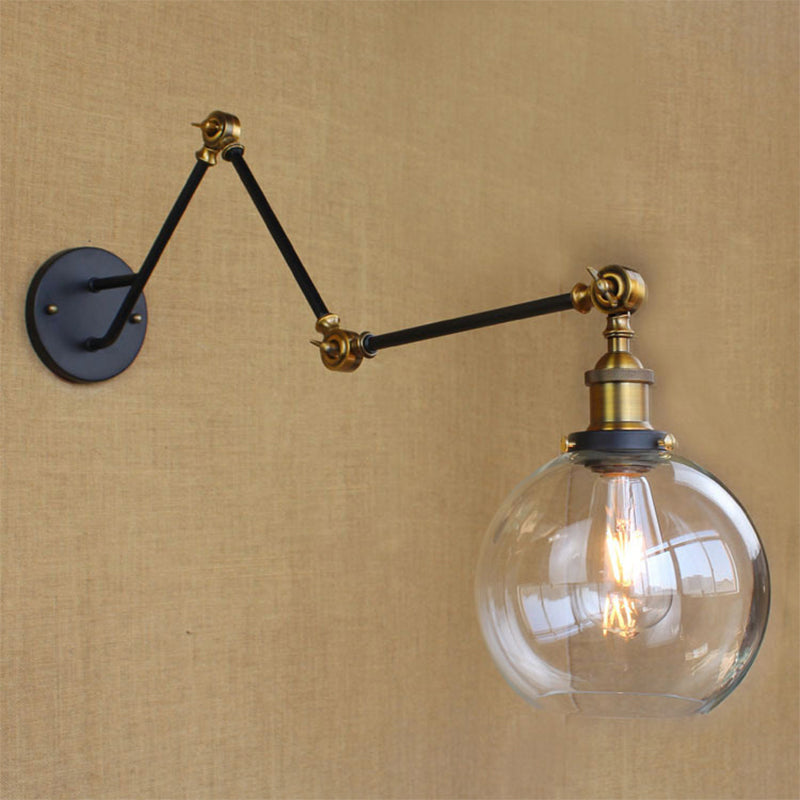 Sikunuo | Adjustable 3-Joint Arm Iron Wall Lamp Industry 1 Head Bedroom Wall Reading Light with Globe/Saucer Clear Glass Shade