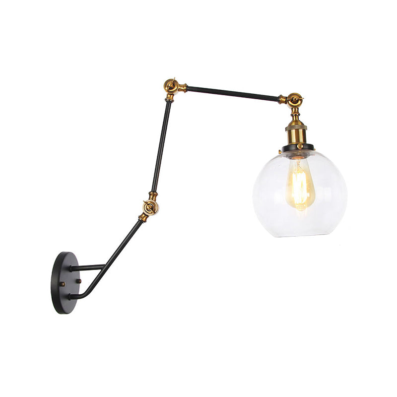 Sikunuo | Adjustable 3-Joint Arm Iron Wall Lamp Industry 1 Head Bedroom Wall Reading Light with Globe/Saucer Clear Glass Shade