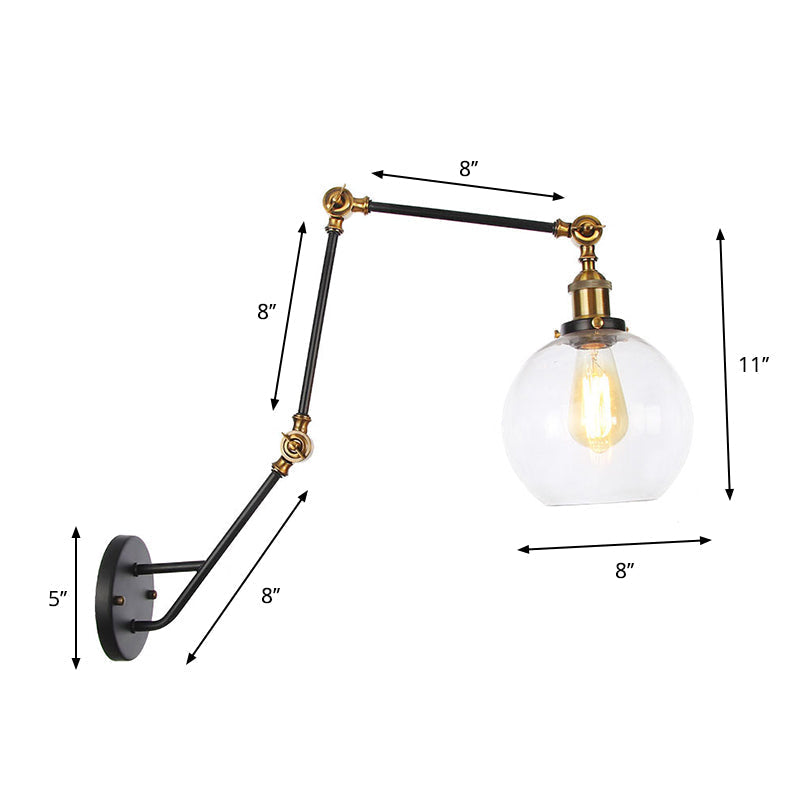 Sikunuo | Adjustable 3-Joint Arm Iron Wall Lamp Industry 1 Head Bedroom Wall Reading Light with Globe/Saucer Clear Glass Shade