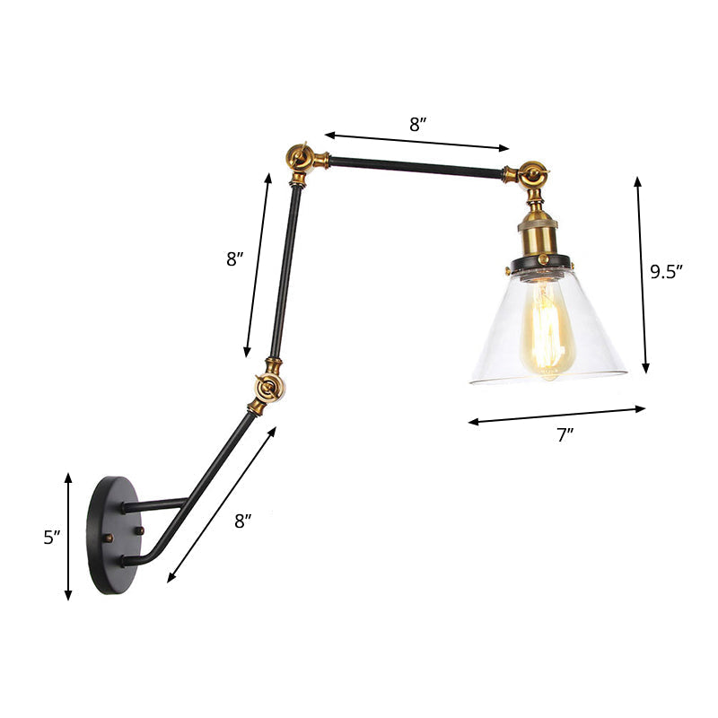Sikunuo | Adjustable 3-Joint Arm Iron Wall Lamp Industry 1 Head Bedroom Wall Reading Light with Globe/Saucer Clear Glass Shade