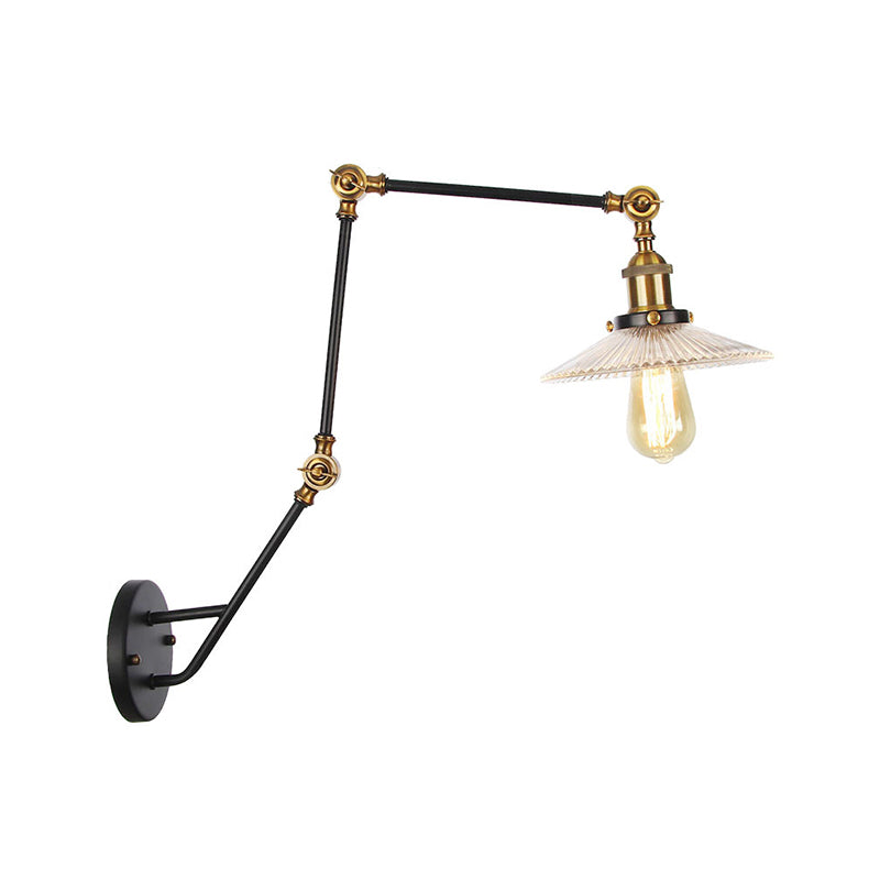 Sikunuo | Adjustable 3-Joint Arm Iron Wall Lamp Industry 1 Head Bedroom Wall Reading Light with Globe/Saucer Clear Glass Shade