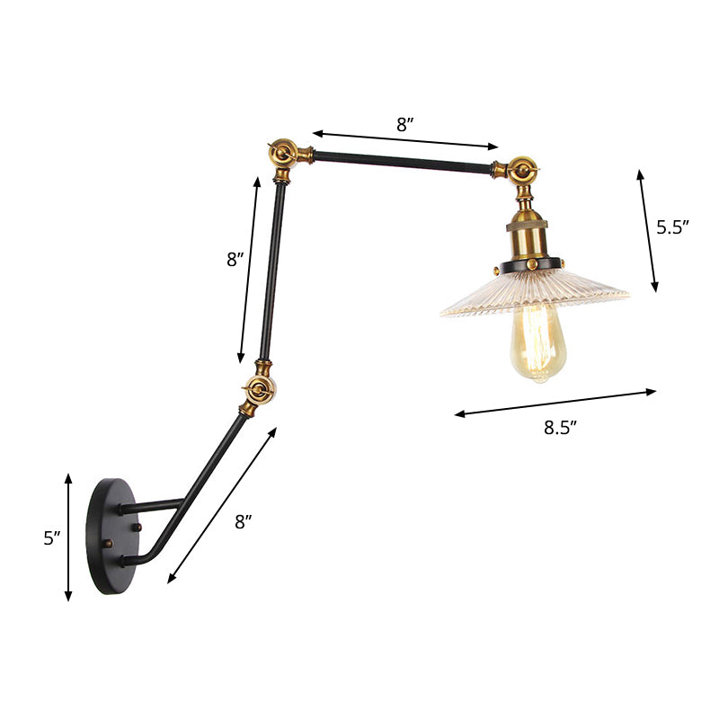 Sikunuo | Adjustable 3-Joint Arm Iron Wall Lamp Industry 1 Head Bedroom Wall Reading Light with Globe/Saucer Clear Glass Shade