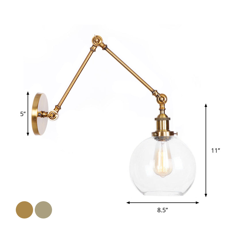 Sikunuo | 1-Light Clear Glass Wall Light Fixture Aged Brass/Bronze Swing Arm Wall Lamp with Bell/Ball Clear Glass Shade