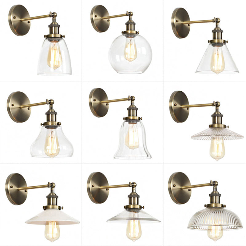 Sikunuo | Brass Cone/Bell Swing Shade Wall Lamp Industrial Clear Glass Single Dining Room Wall Mount Light