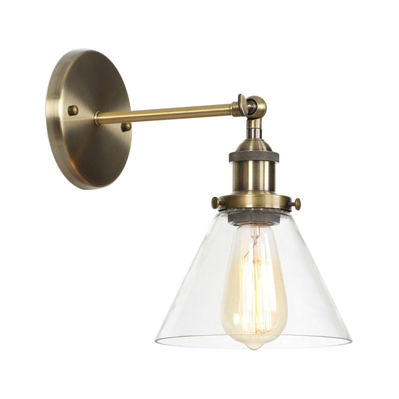 Sikunuo | Brass Cone/Bell Swing Shade Wall Lamp Industrial Clear Glass Single Dining Room Wall Mount Light