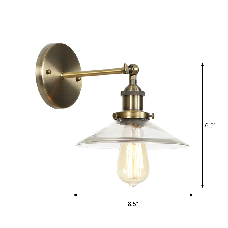 Sikunuo | Brass Cone/Bell Swing Shade Wall Lamp Industrial Clear Glass Single Dining Room Wall Mount Light