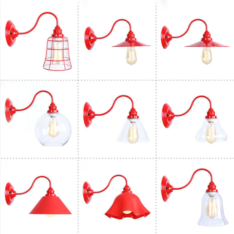 Sikunuo | Iron Red Wall Lighting Kit Gooseneck 1 Bulb Loft Style Wall Lighting with Cone/Sphere/Bell Clear Glass Shade