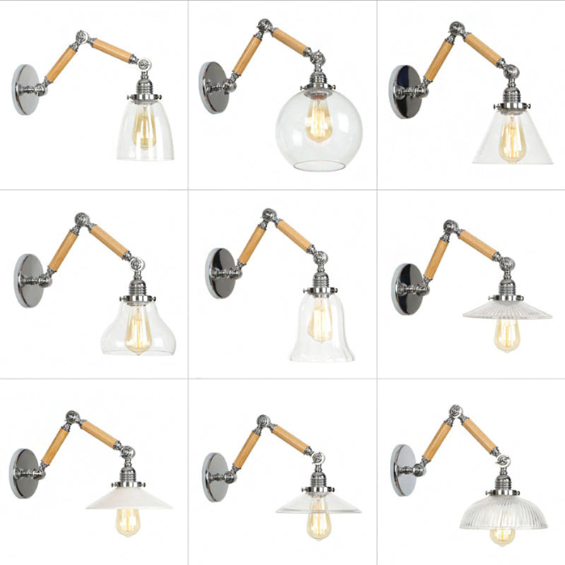 Sikunuo | Brown-Silver 1-Bulb Reading Wall Light Loft Clear Glass Bulb/Plate/Bell Shade Wall Lighting with Wood 2-Joint Adjustable Arm