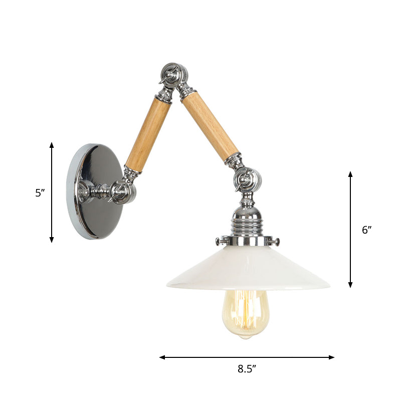 Sikunuo | Brown-Silver 1-Bulb Reading Wall Light Loft Clear Glass Bulb/Plate/Bell Shade Wall Lighting with Wood 2-Joint Adjustable Arm